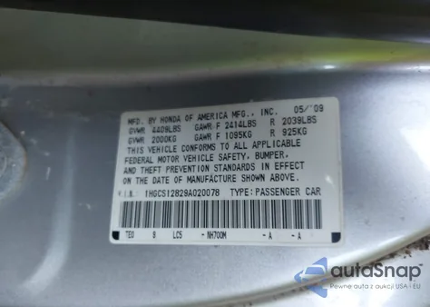 2009 Honda Accord 2.4 Ex-L z USA, uszkodzony, nr VIN 1HGCS12829A020078